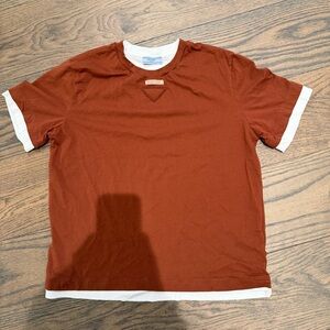 Prada Rust Short-Sleeve Crew Tee with White Trim